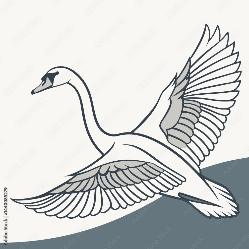 Obraz premium Elegant vector illustration of a flying swan, symbolizing grace and freedom—ideal for logos, nature-themed designs, and wildlife projects.