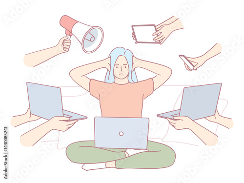 A woman surrounded by numerous devices, illustrating the significant challenges of modernday multitasking in life