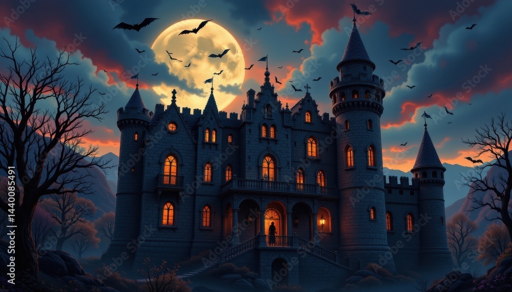 vampire castle a gothic castle at twilight, with bats flying around the turrets and a mysterious figure watching from the balcony. vampire castle a gothic castle at twilight, with bats flying around the turrets and a mysterious figure watching from the balcony.