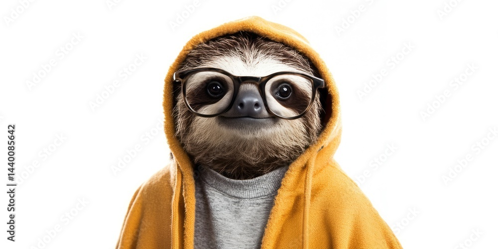 Fototapeta premium A cute little sloth wearing a yellow hoodie and glasses