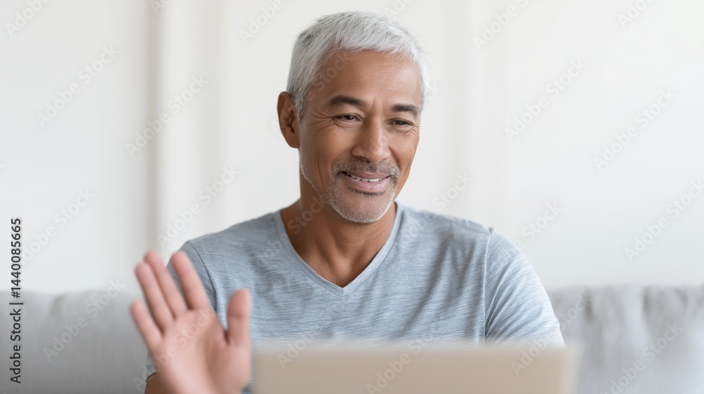 Man smiling and waving during a video call while sitting on a couch in a bright living room.