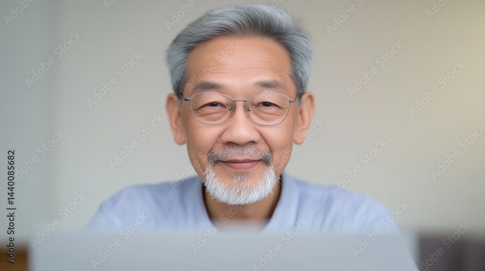 Older Asian man smiling with glasses sitting indoors and enjoying a moment of happiness while looking at the camera.