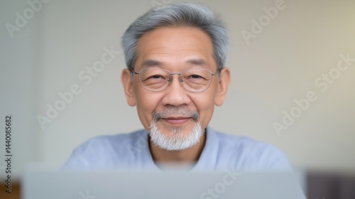Obraz na płótnie Older Asian man smiling with glasses sitting indoors and enjoying a moment of happiness while looking at the camera. w salonie