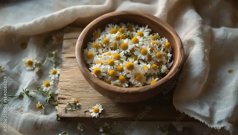 Wooden bowl with daisies on weathered board and fabric. Wooden bowl with daisies on weathered board and fabric.