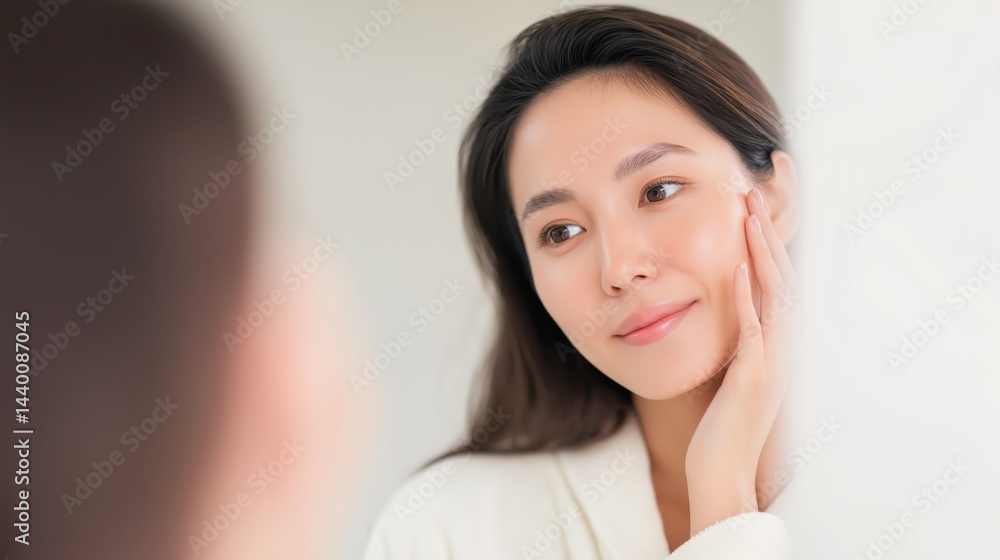 Asian woman with long hair touching her face while looking at her reflection in a mirror, enjoying a quiet moment in a minimalist room.