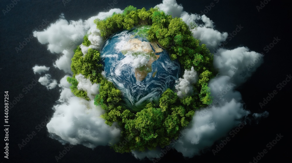 Global environmental awareness earth surrounded by lush greenery and clouds nature digital art 3d viewpoint Global environmental awareness earth surrounded by lush greenery and clouds nature digital art 3d viewpoint