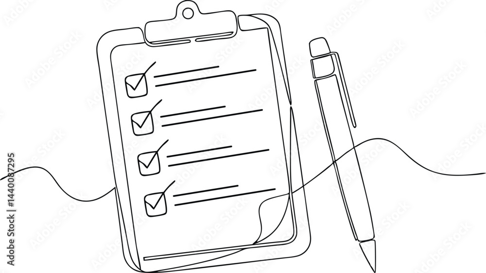 continuous line drawing of clipboard with checklist and pen in clean ...