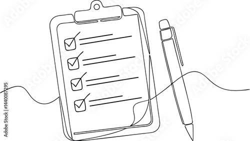 continuous line drawing of clipboard with checklist and pen in clean black and white modern office style