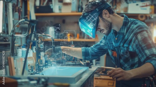 Engineer working on VR device in workshop