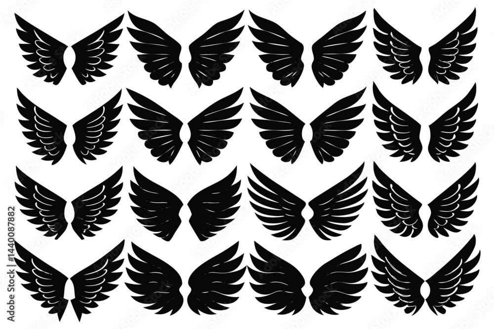 Angel wings set black silhouette collection different shapes isolated on white background Angel wings set black silhouette collection different shapes isolated on white background