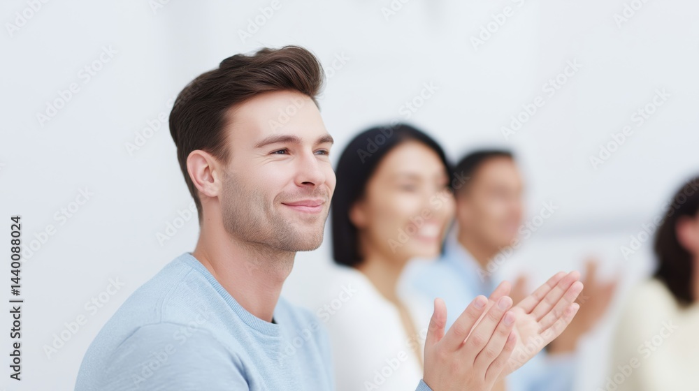 Audience member engaged in applause during a presentation in a modern conference setting.