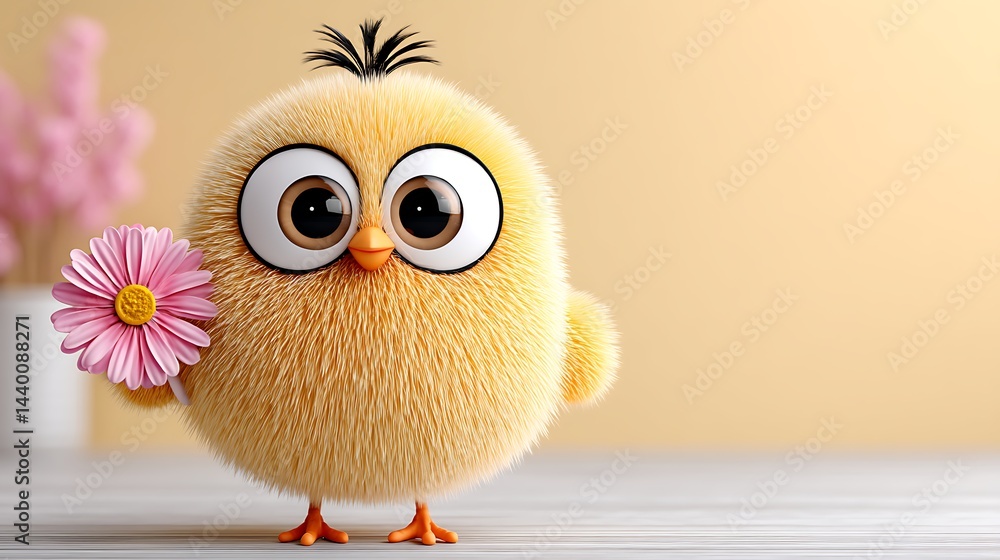 Fototapeta premium Adorable Fluffy Chick Holding Pink Flower Cute Cartoon Bird Springtime Image