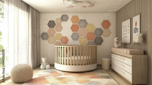 Modern Nursery Design: A stylish and contemporary nursery features a circular crib, geometric wall decor, and calming earth tones. Creating a serene and sophisticated space for a newborn. 