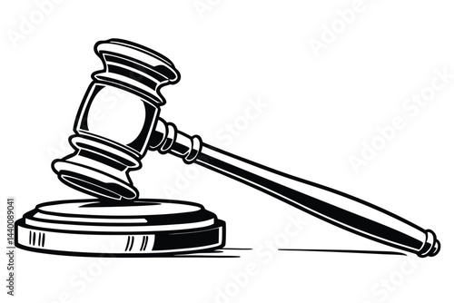 Black and white graphic illustration of a gavel used in law court