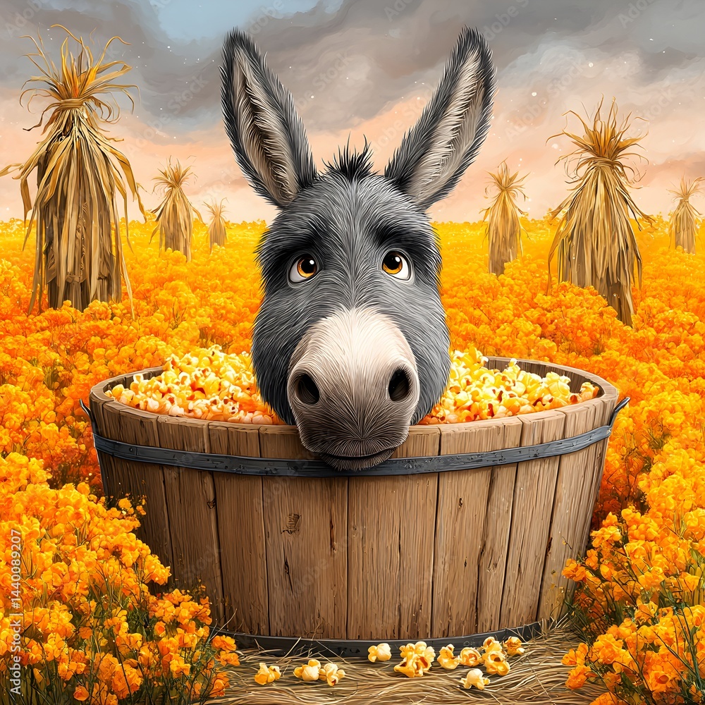 A whimsical and absurd cartoon scene featuring a playful donkey happily sitting in a rustic wooden bathtub overflowing with popcorn, full of humor and imagination.
