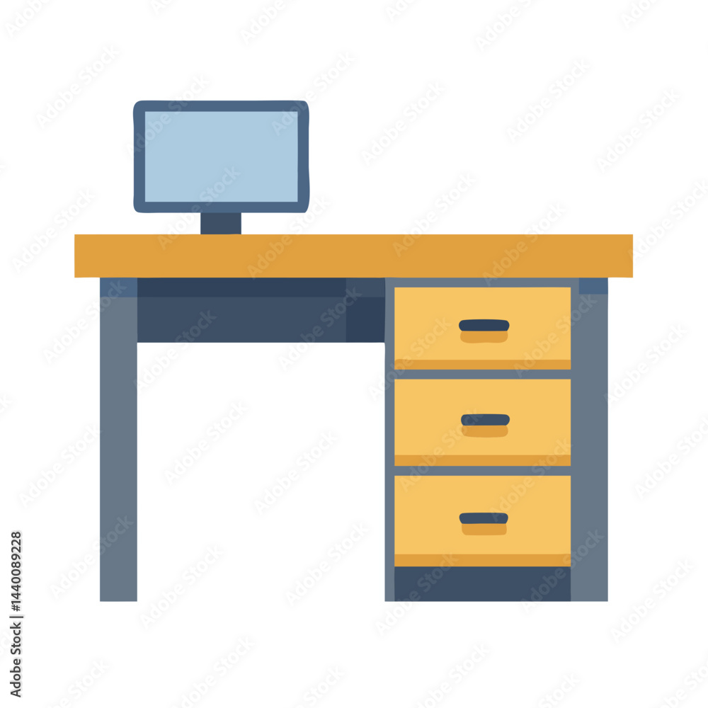 Office Desk with Computer Monitor and Three Drawers in Vector Graphic Office Desk with Computer Monitor and Three Drawers in Vector Graphic