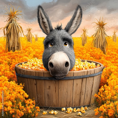 Obraz na płótnie A whimsical and absurd cartoon scene featuring a playful donkey happily sitting in a rustic wooden bathtub overflowing with popcorn, full of humor and imagination. w salonie