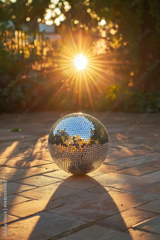 Fototapeta premium Disco ball reflecting sunlight on tiled surface during sunset