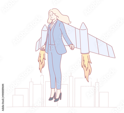 A vibrant and dynamic illustration depicts a determined businesswoman soaring high with a jetpack over a city skyline