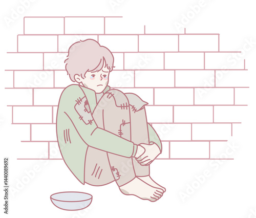 An illustration of a vulnerable boy sitting against a wall, highlighting homelessness and societal hardship
