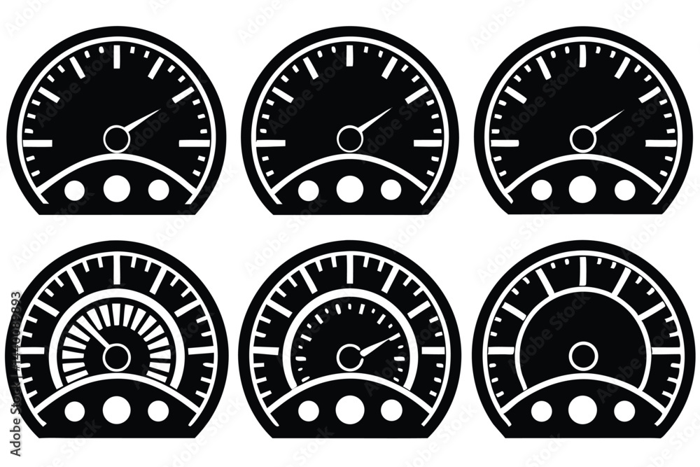 Obraz premium Black and white speedometer icons set automotive speed measurement graphic elements