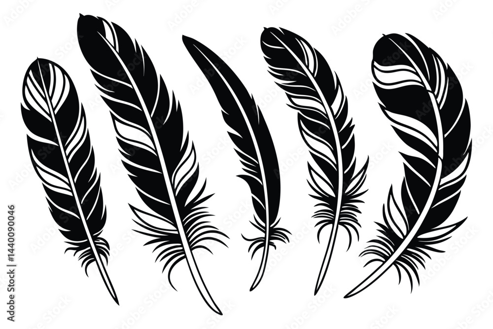 Obraz premium Black and white vector illustration of a collection of different feather shapes
