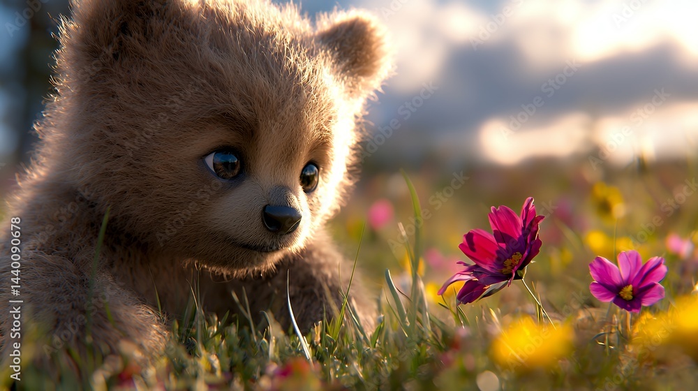 Obraz premium Curious Bear Cub in a Flower Meadow on a Sunny Day