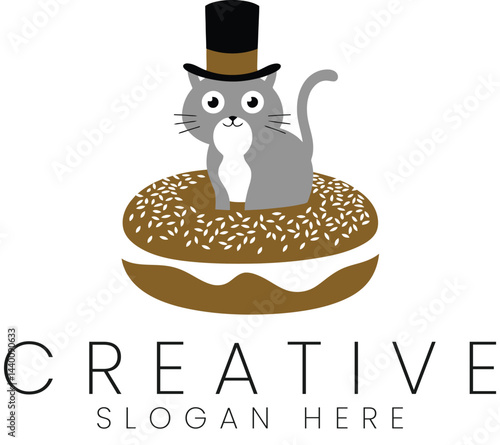 Adorable Grey Cat in Top Hat on Sesame Bagel Illustration pet fun art cute food logo cafe menu icon 