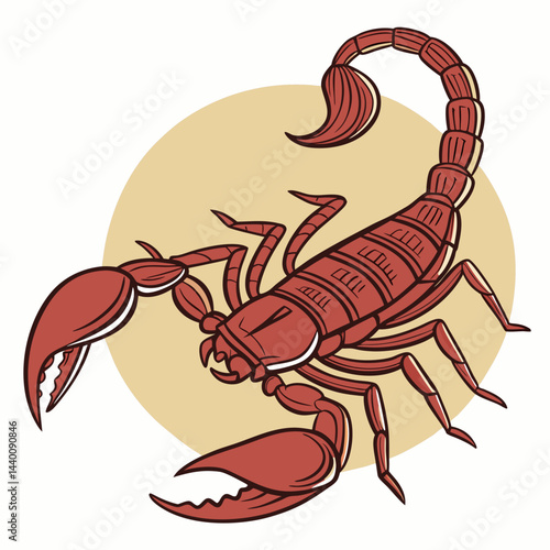 A detailed vector illustration of the Indian red scorpion (Hottentotta tamulus), showcasing its venomous stinger and predatory stance