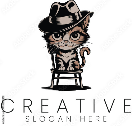 Cute Kitten Wearing Fedora Hat Sitting Chair Adorable Pet Illustration Design cat art logo cool icon