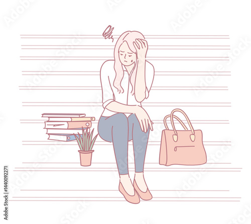 A woman appears to be feeling quite stressed and overwhelmed while sitting with her books and a purse beside her