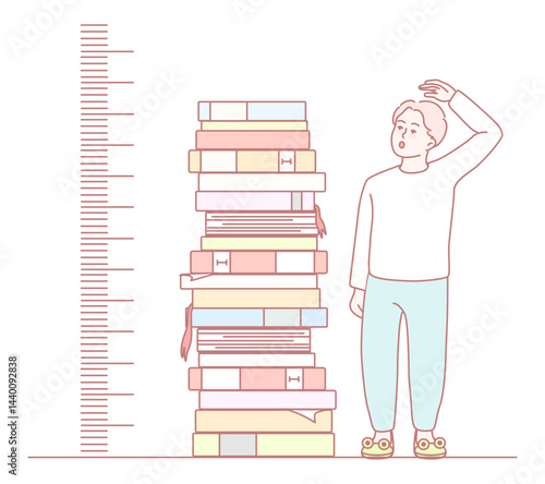 A curious individual deeply pondering over a towering stack of beautifully colorful books piled high