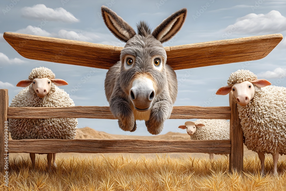 A whimsical cartoon scene featuring a donkey flying with handmade wooden wings above a flock of cartoon sheep, full of humor and fantasy.