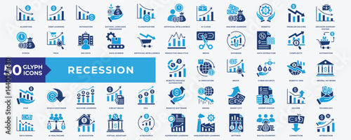 Recession icon set with recession, economic, inflation, investment, economic crisis, business, money, monetary, global recession, economic analysis, economic growth and budget planning 