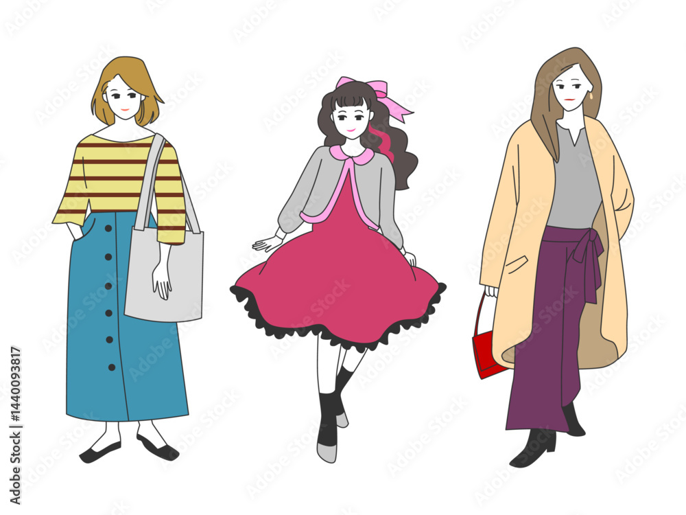 Fototapeta premium 人物イラストセット：おしゃれな女性の全身ポーズ