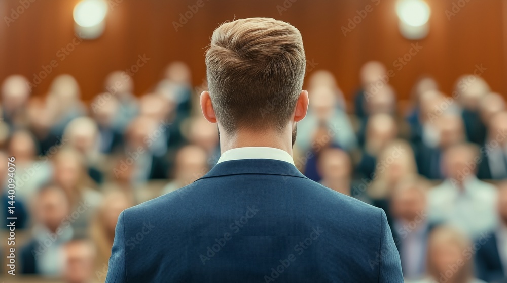 A speaker addresses a large audience, with focus on the back of the speaker's head. A speaker addresses a large audience, with focus on the back of the speaker's head.