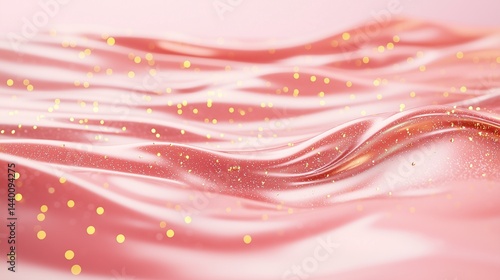 A shimmering, pink liquid surface with golden particles, creating a smooth.