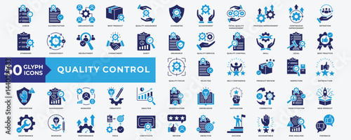 Quality Control icon set with accreditation, best product, quality assurance, achievement, process improvement, continuous improvement, quality service, quality control and maintenance