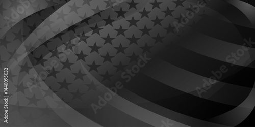 Vector illustration features a stylized, black and white American flag with a dynamic, waving effect, creating a sense of movement and modernity.