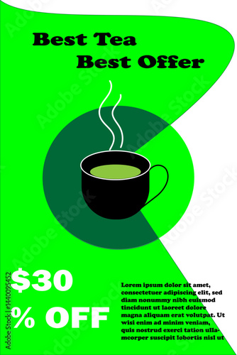 Tea ad background. Realistic green and black drink advertisement with branded teabags. Leaves and porcelain cup on blurred background. Hot beverage banner design. Vector illustration