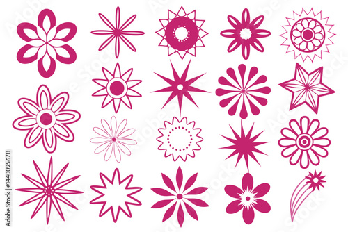Collection of magenta flower and star shapes vector illustration on white background