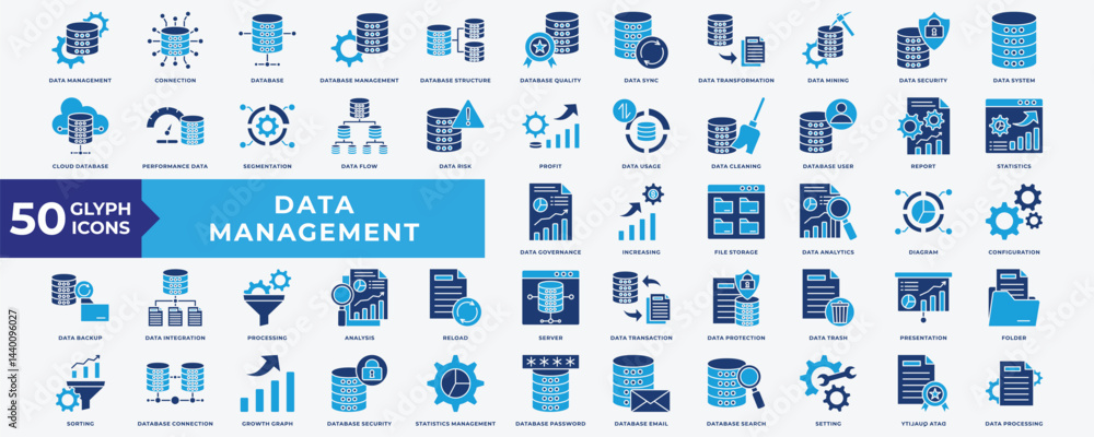 Data Management icon set with Database, Management, Data Transformation, Data Mining, Data Security, Data System, Cloud Database, Performance Data, Data Risk, Report, Statistics, Setting and Quality Data Management icon set with Database, Management, Data Transformation, Data Mining, Data Security, Data System, Cloud Database, Performance Data, Data Risk, Report, Statistics, Setting and Quality