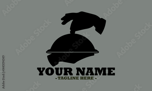 Elegant hand presenting a covered dish on a platter in a classic serving style. Food service concept, dish plate with cloche and invisible food sketch engraving vector illustration and logo icon