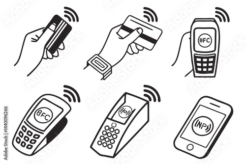 Contactless payment methods illustration with credit cards terminals and mobile devices in black and white
