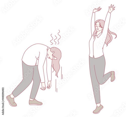 An illustration showcasing the extremes of human emotion the contrast of fatigue and happiness in daily life