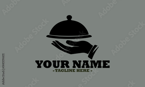 Elegant hand presenting a covered dish on a platter in a classic serving style. Food service concept, dish plate with cloche and invisible food sketch engraving vector illustration and logo icon