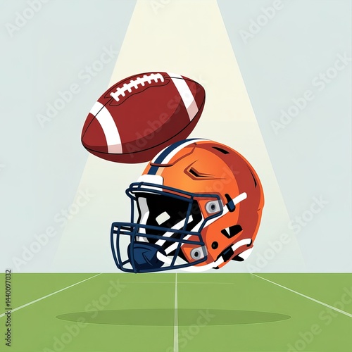 Wallpaper Mural Orange Football Helmet, Brown Leather Ball on Green Field under Spotlight Ray Torontodigital.ca