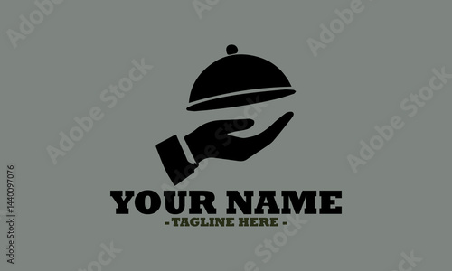 Elegant hand presenting a covered dish on a platter in a classic serving style. Food service concept, dish plate with cloche and invisible food sketch engraving vector illustration and logo icon