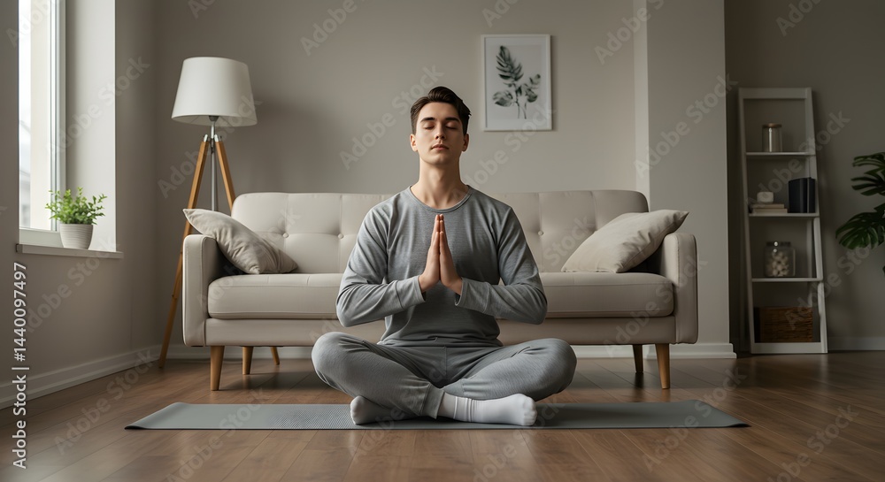 Man meditating in lotus position on yoga mat in living room with sofa and lamp in the background Man meditating in lotus position on yoga mat in living room with sofa and lamp in the background