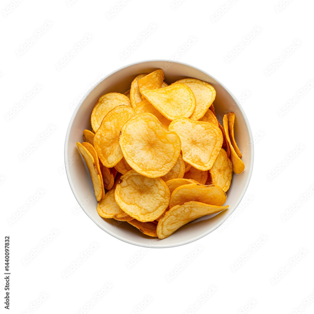 Top View of Golden Crunchy Potato Chips in White Bowl – Minimalist Party Food Photography Top View of Golden Crunchy Potato Chips in White Bowl – Minimalist Party Food Photography